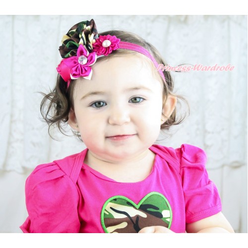 Hot Pink Headband & Bunch Of  Camouflage Hot Pink Vintage Garden Pearl Rosettes Flower H1024